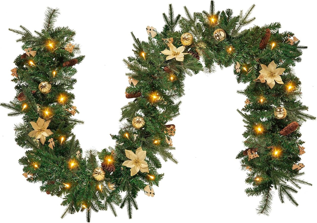 106 Inch - Pre-Lit Christmas Garland with Lights and Timer(Gold)